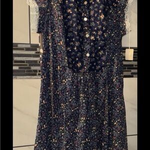 Girls' Navy Floral Lace-Trim Dress